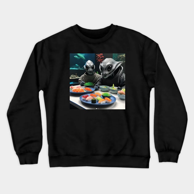 Aliens Enjoying Sushi Crewneck Sweatshirt by Wickedcartoons